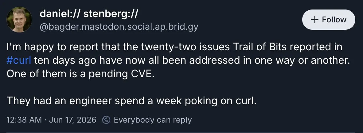 Mastodon post from curl maintainer Daniel Stenberg about 22 issues Trail of Bits reported