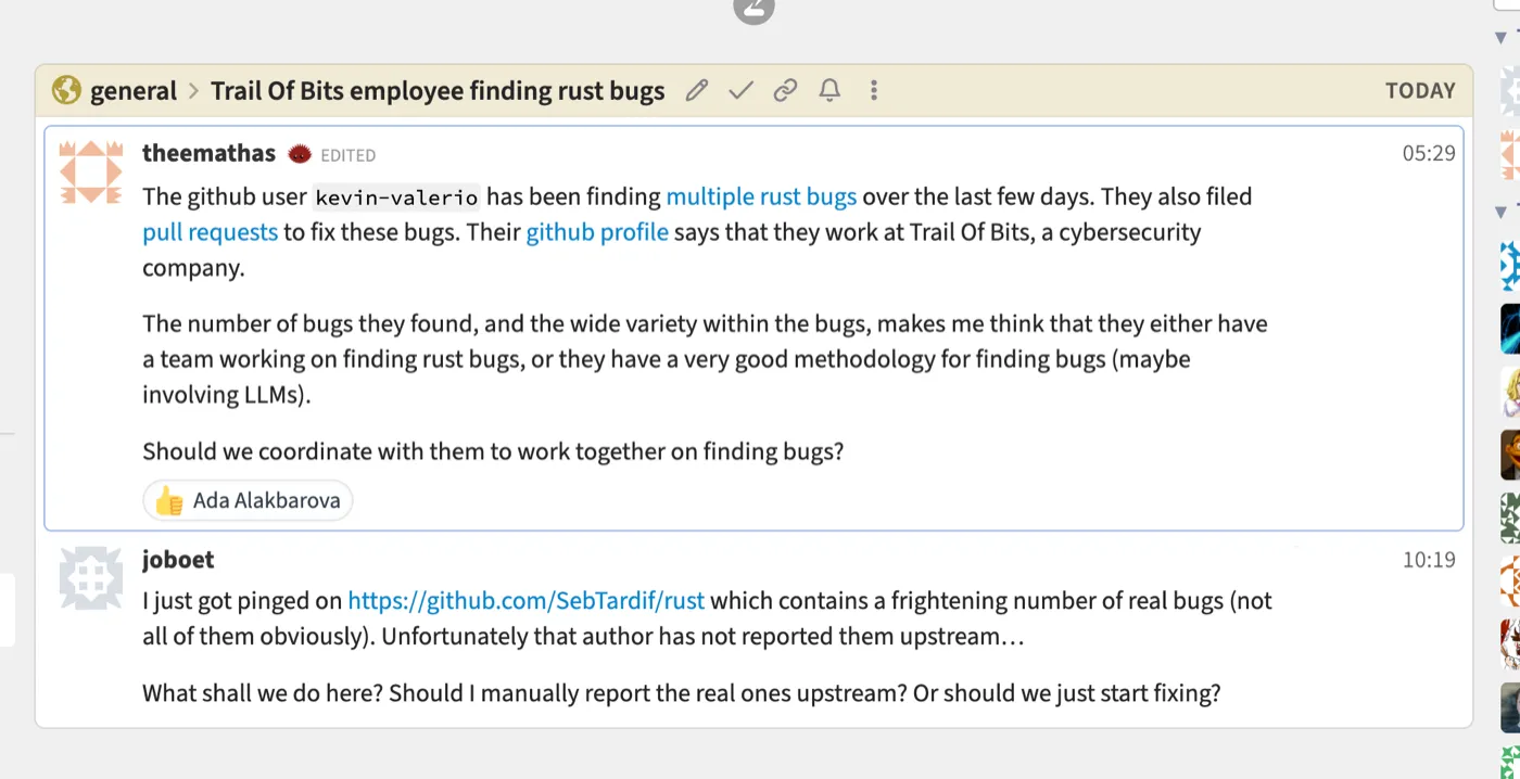 Rust maintainers discussing the volume of bug reports from Trail of Bits engineer Kevin Valerio
